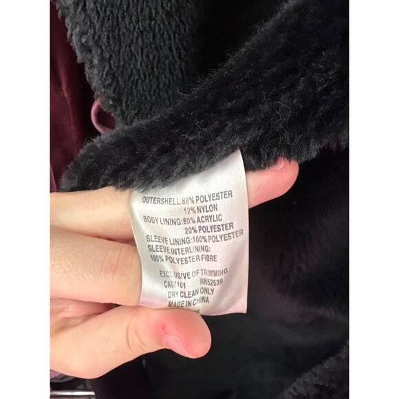 Women’s Utex Design Medium Long Burgundy & Black Fur Lined Hooded Suede Coat - Picture 5 of 6